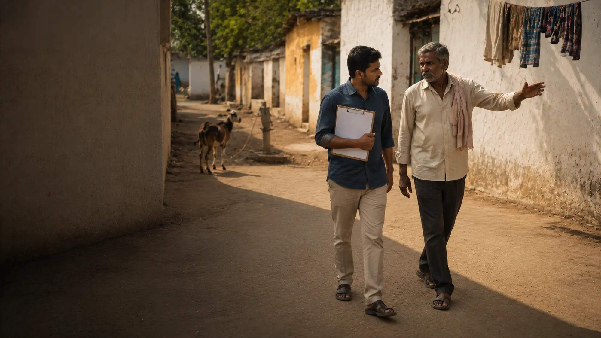 A young field officer with a clipboard walking a village lane beside a local partner worker.