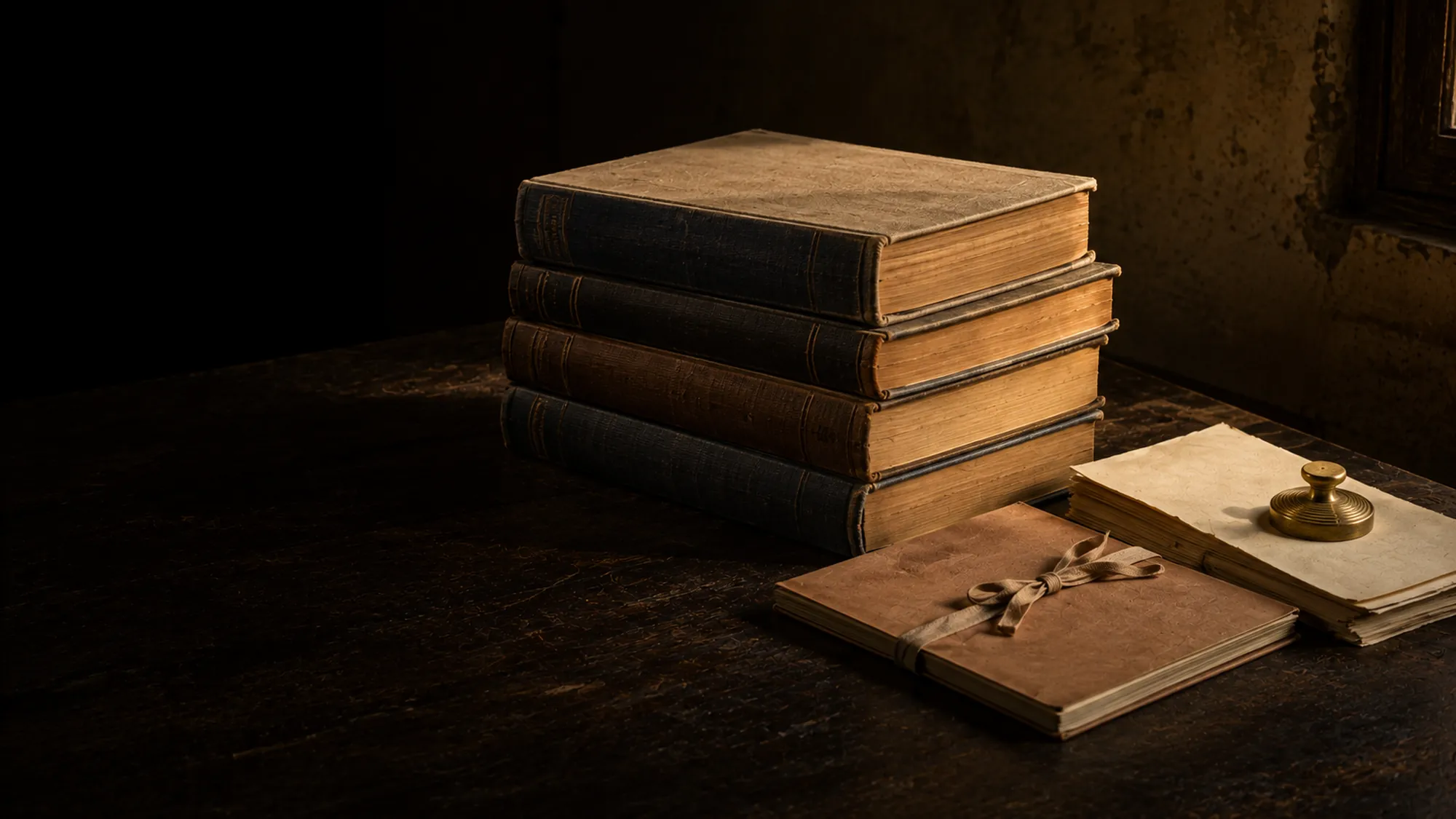 A stack of bound annual accounts and an auditor's report tied with cotton tape on a desk.