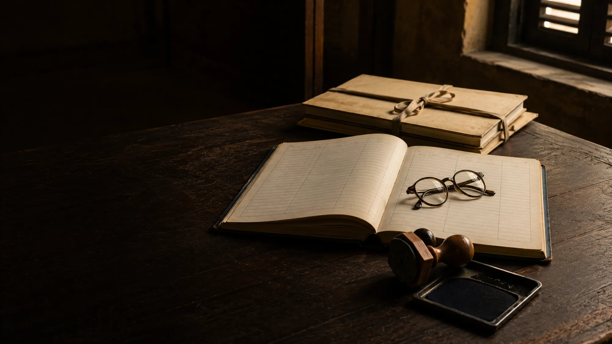A bound minute book, a rubber stamp and reading glasses on a committee table in a small office.
