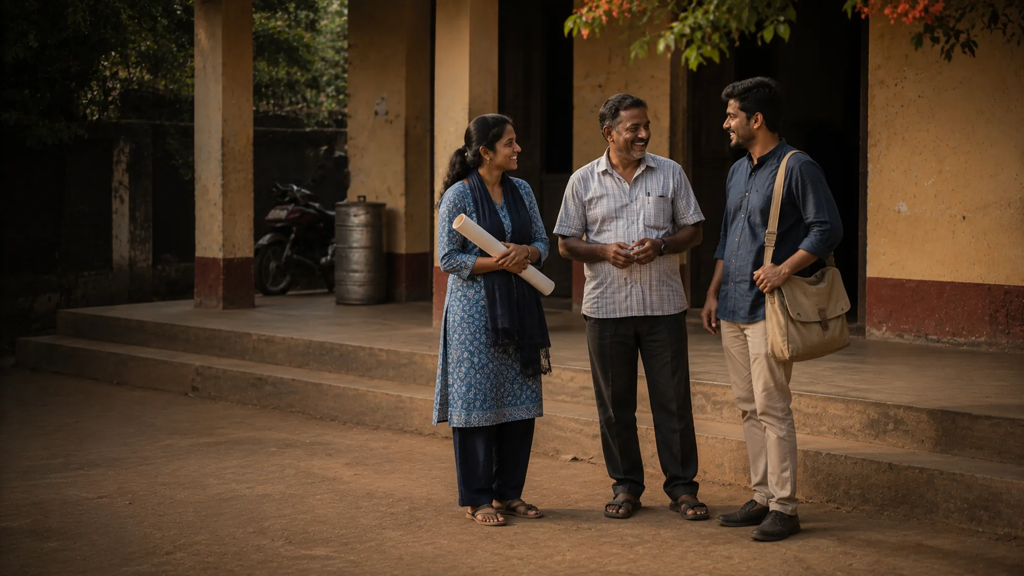 Three field staff talking over a plan on the steps of a district office in early light.