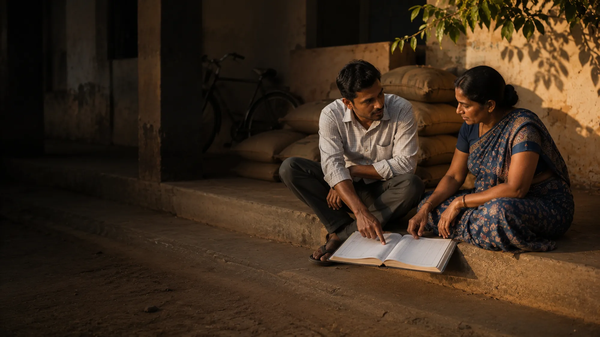 A field team and a partner organisation check a signed distribution register together on a verandah step.