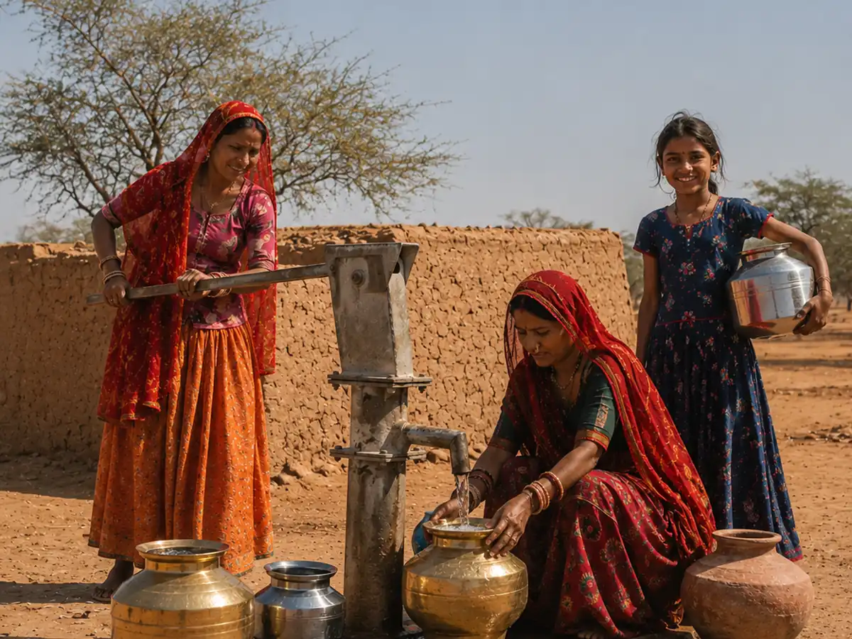 Women and children fill brass and steel vessels at a new handpump in a Rajasthan village.
