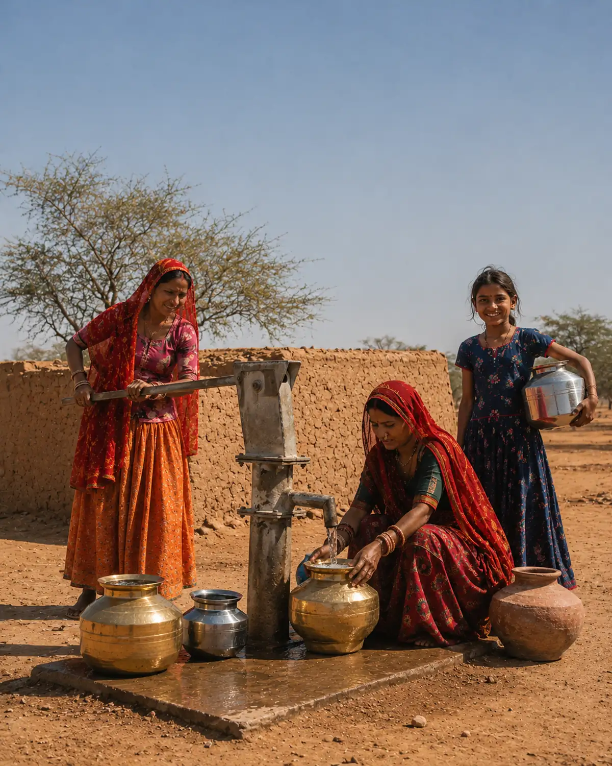 Women and children fill brass and steel vessels at a new handpump in a Rajasthan village.