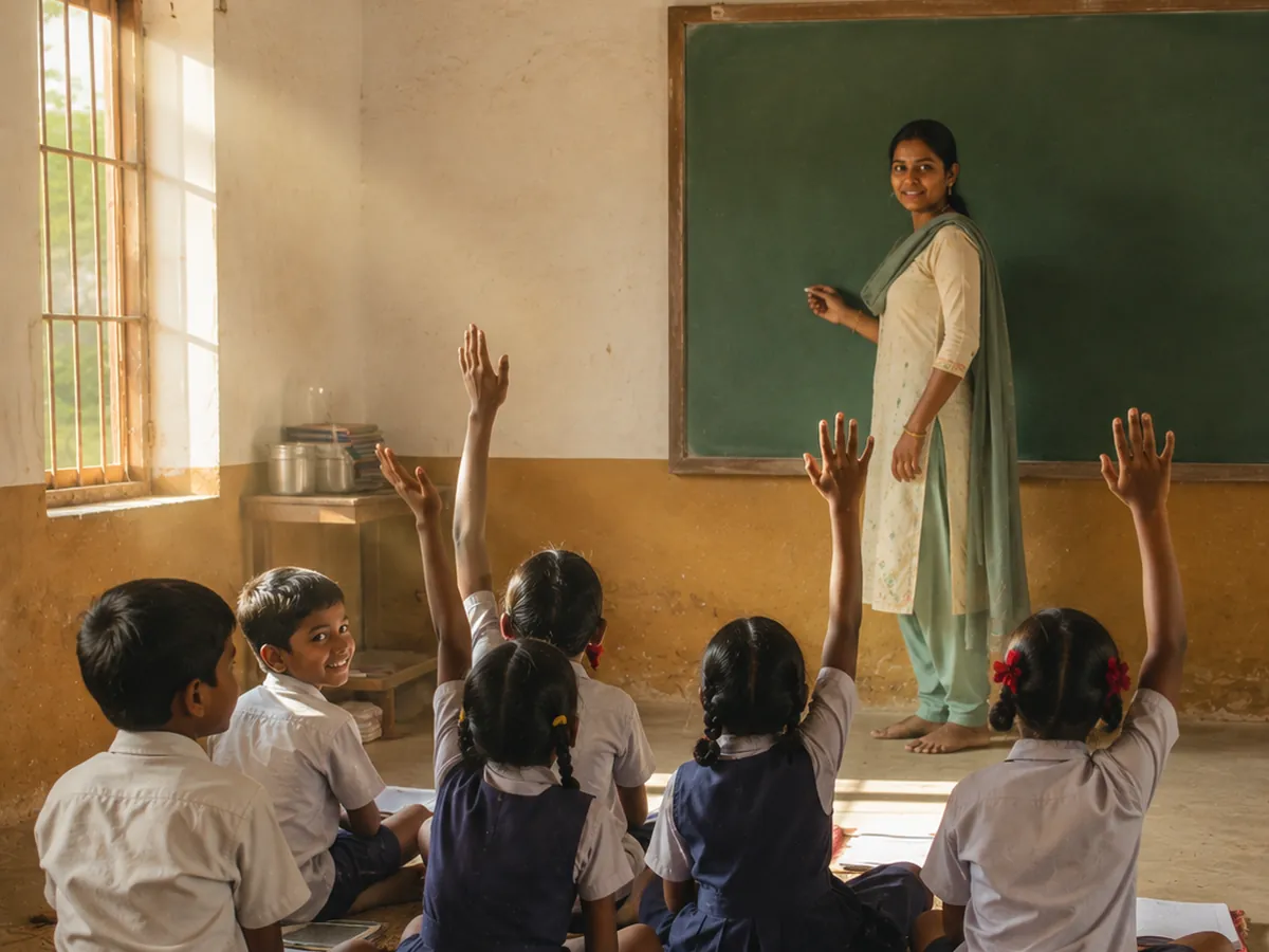 Children sit on woven mats as a teacher writes Hindi script on a chalkboard.