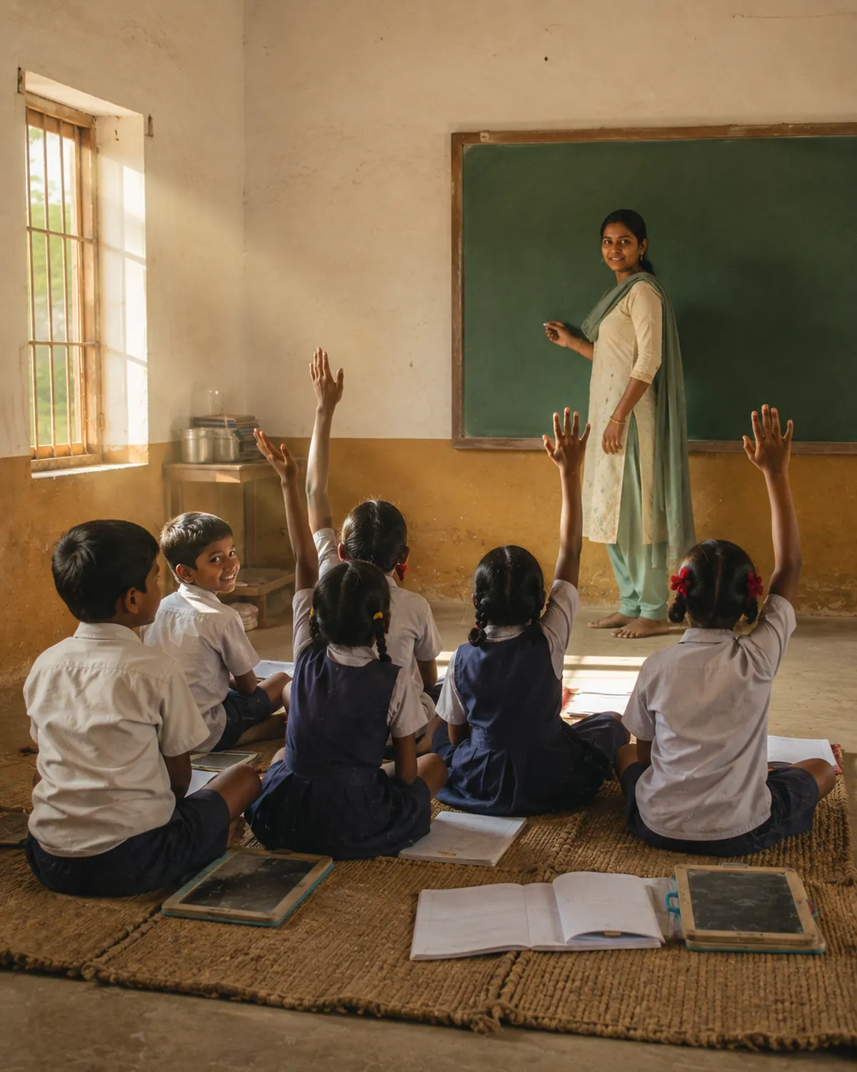 Children sit on woven mats as a teacher writes Hindi script on a chalkboard.
