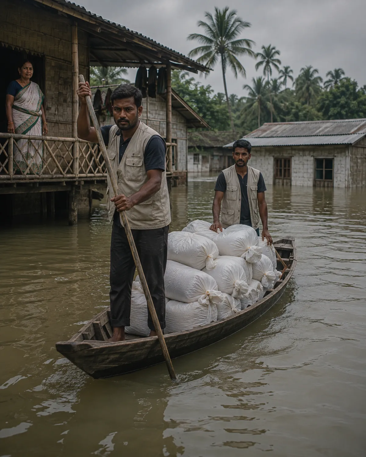 A relief boat carries supply bundles through a flooded village in Assam.