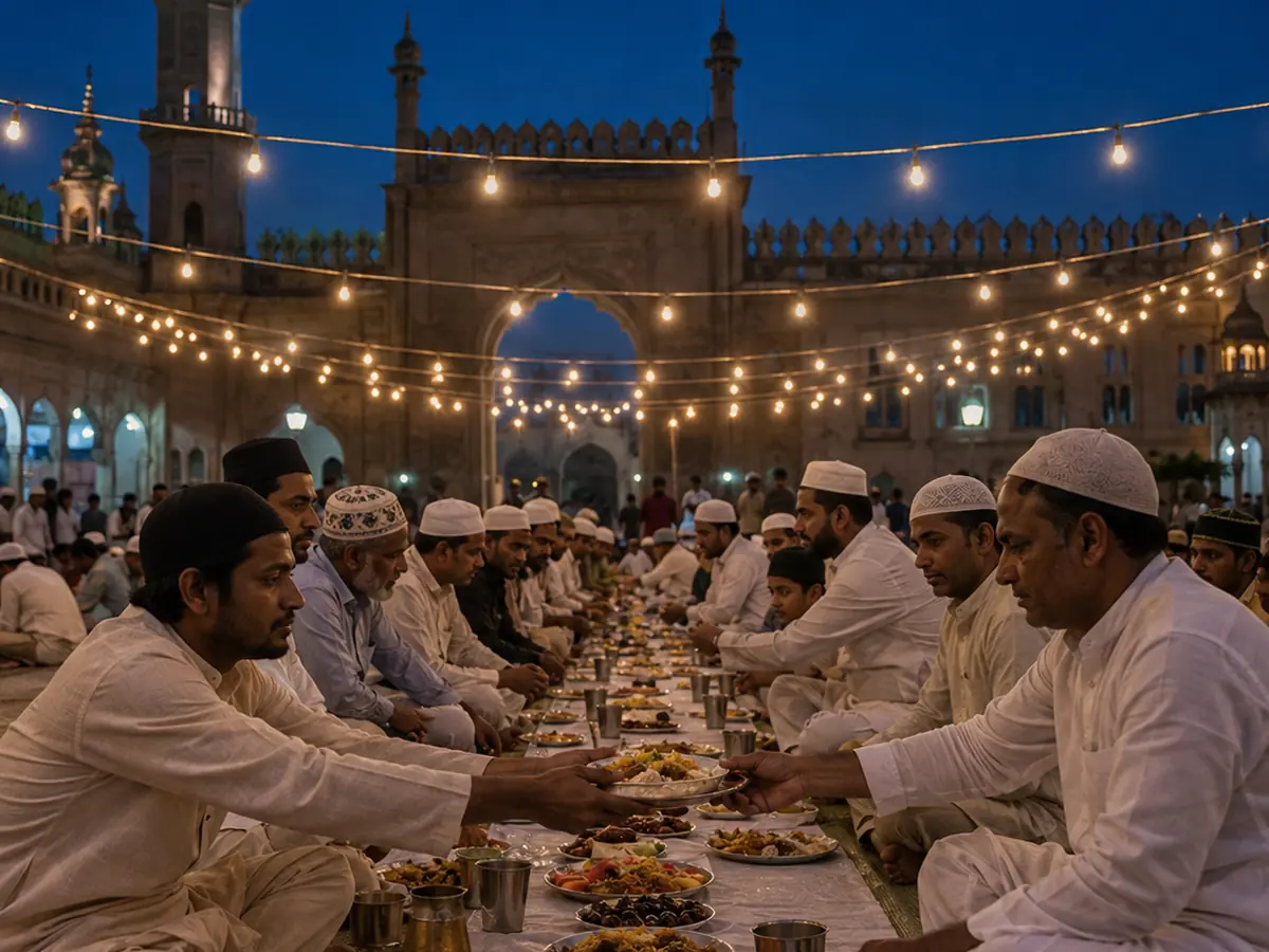 A communal iftar laid out in a mosque courtyard in Hyderabad at dusk.