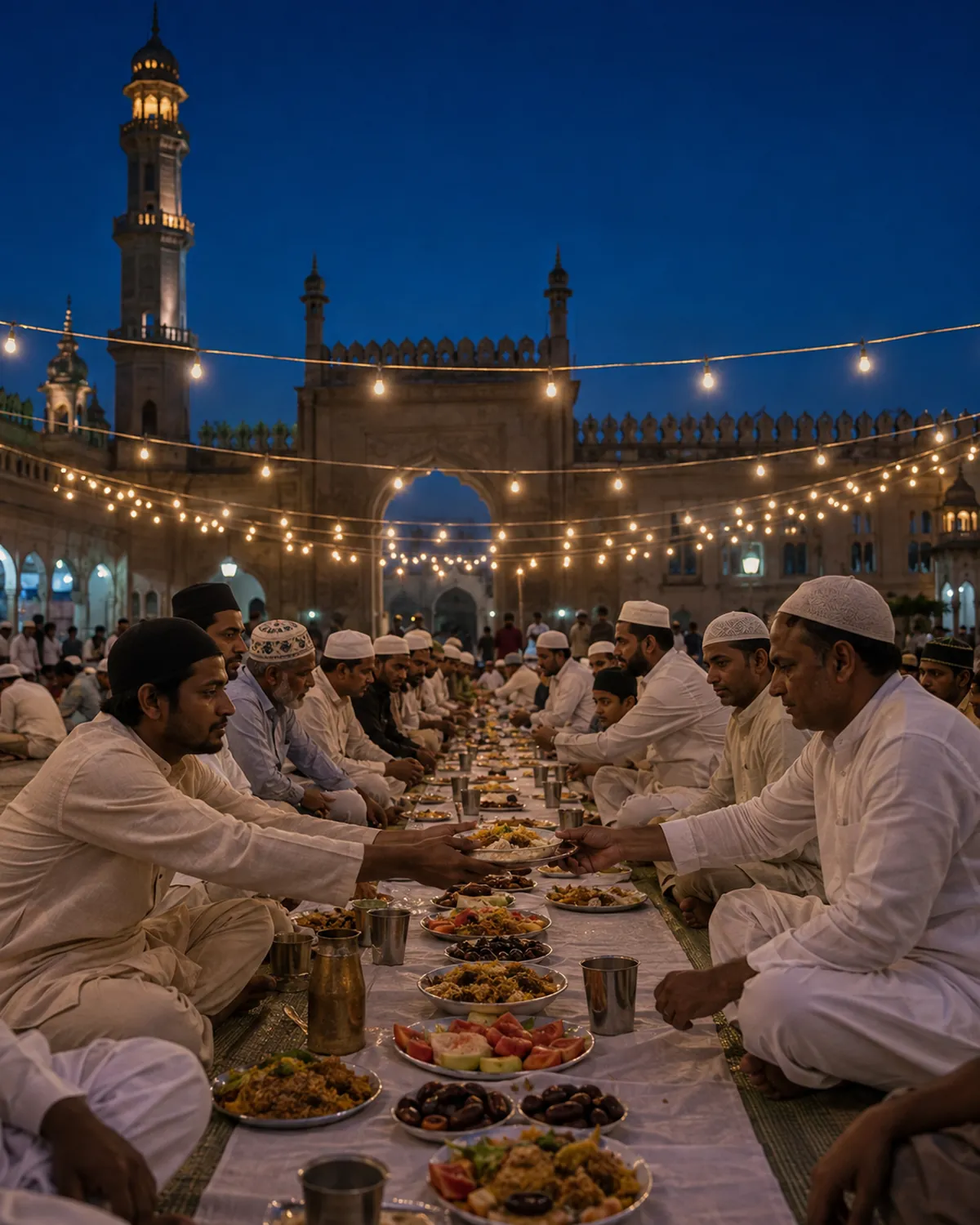 A communal iftar laid out in a mosque courtyard in Hyderabad at dusk.
