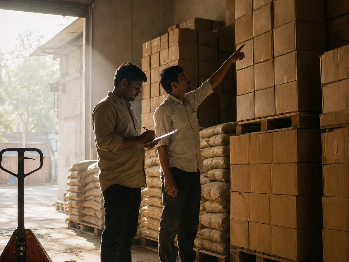 Workers check supply crates against a manifest in a warehouse doorway.