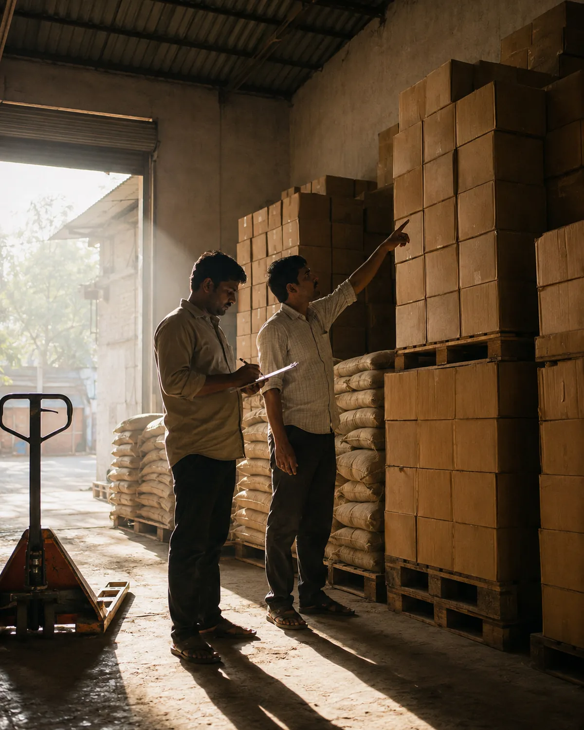 Workers check supply crates against a manifest in a warehouse doorway.