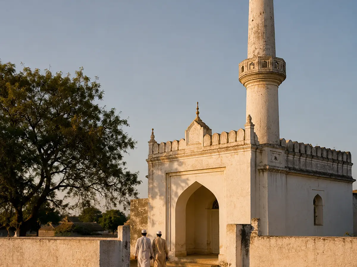 A modest whitewashed village mosque in India at golden hour.