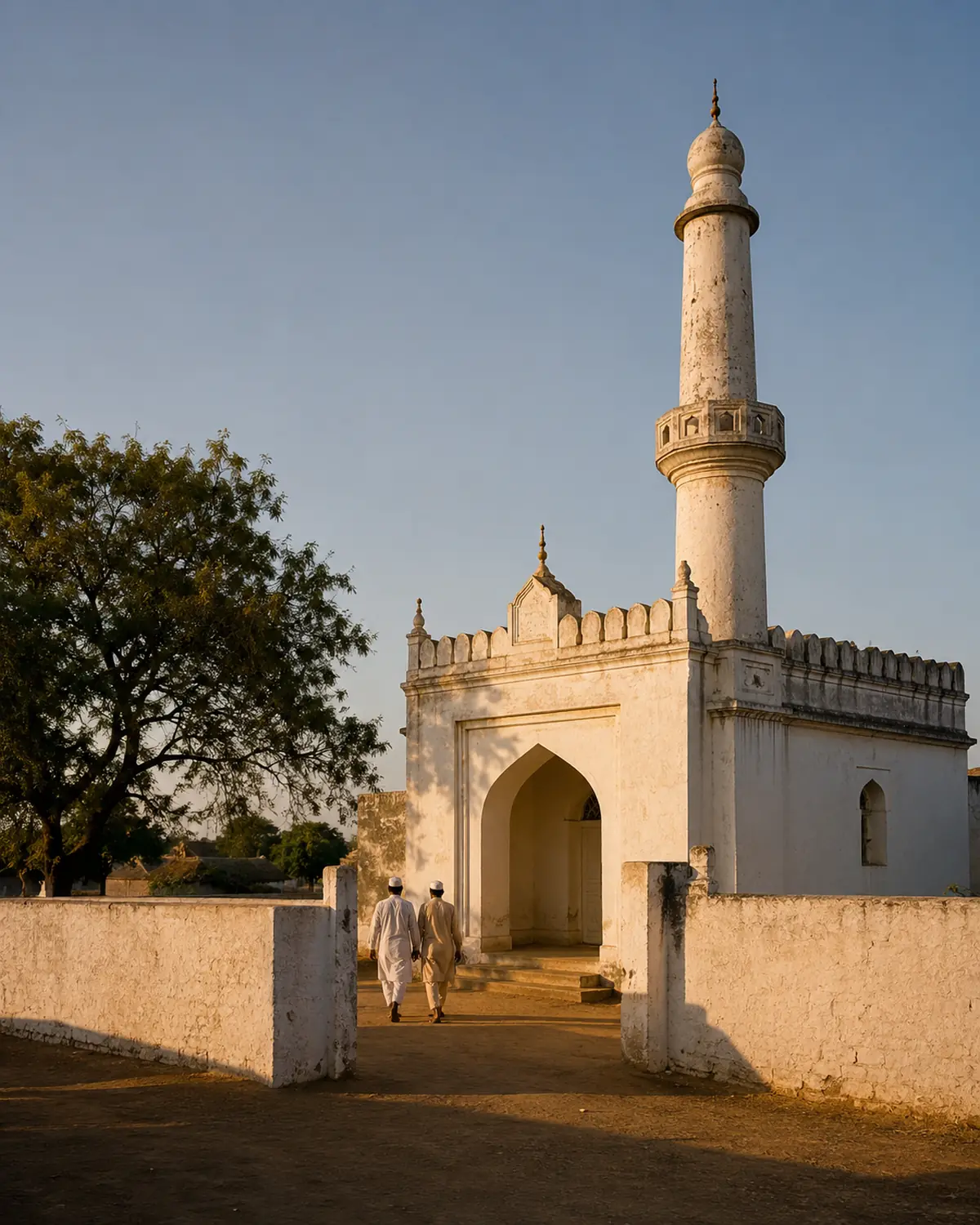 A modest whitewashed village mosque in India at golden hour.