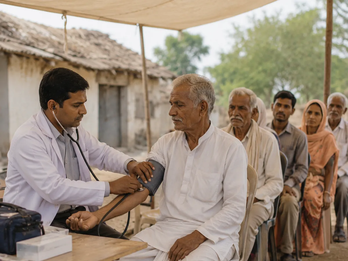 A doctor checks an elderly man's blood pressure at a mobile health camp.