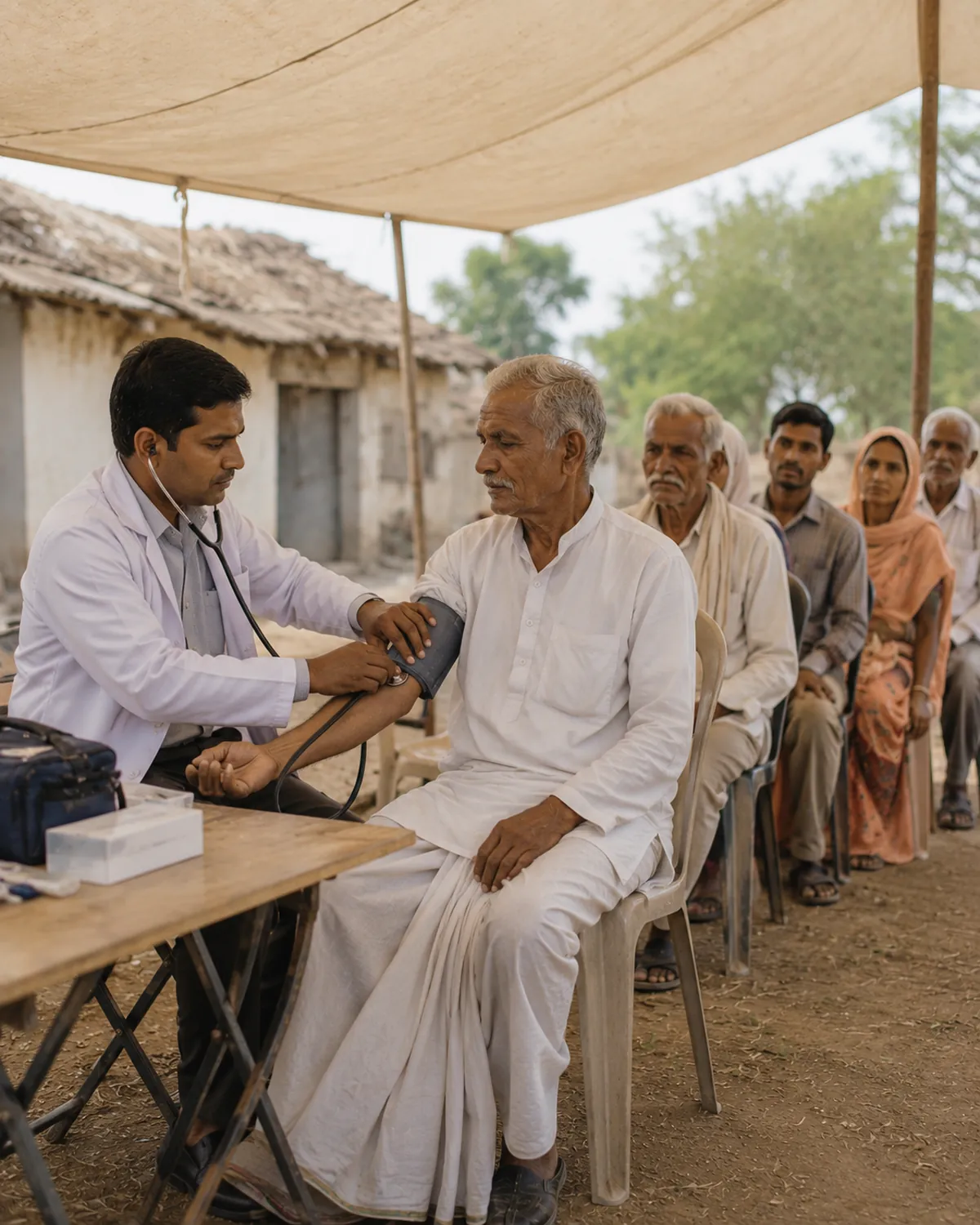 A doctor checks an elderly man's blood pressure at a mobile health camp.