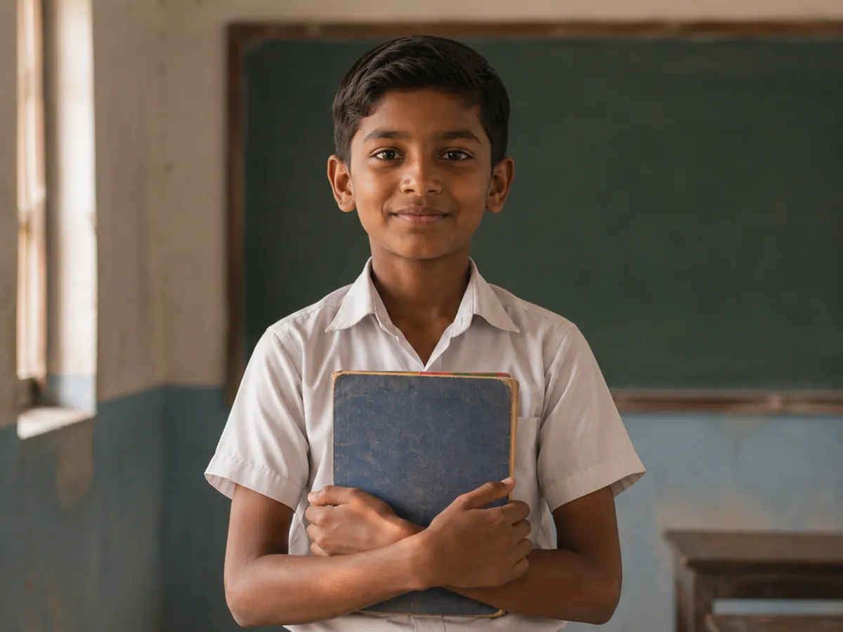 A boy in school uniform holds a notebook, standing in a classroom.