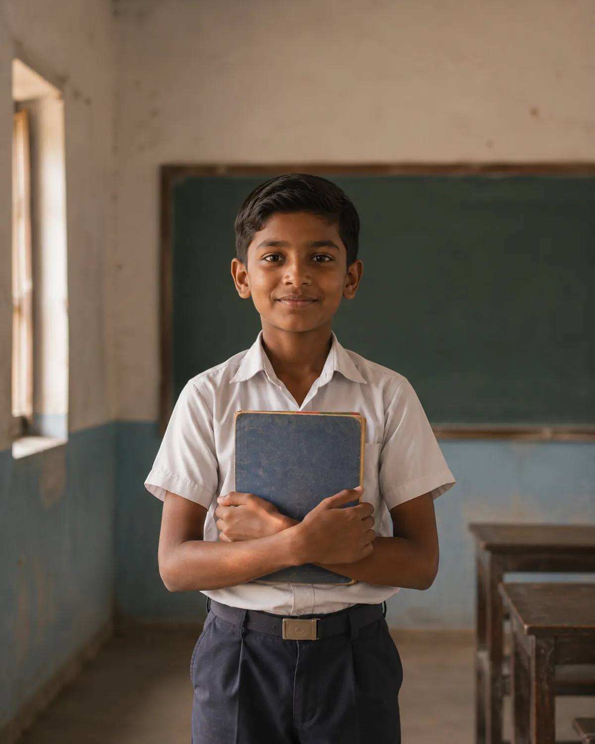 A boy in school uniform holds a notebook, standing in a classroom.