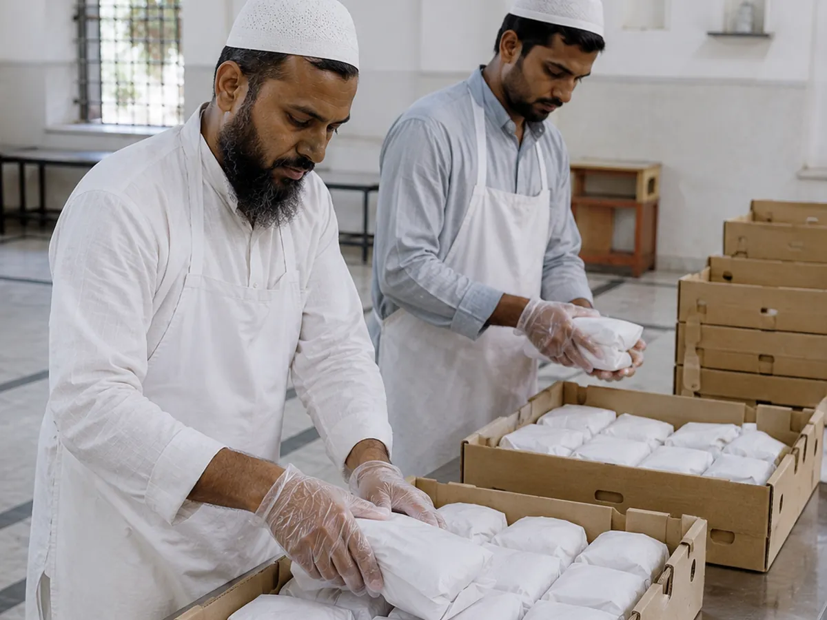 Volunteers pack wrapped Qurbani meat portions into distribution crates.