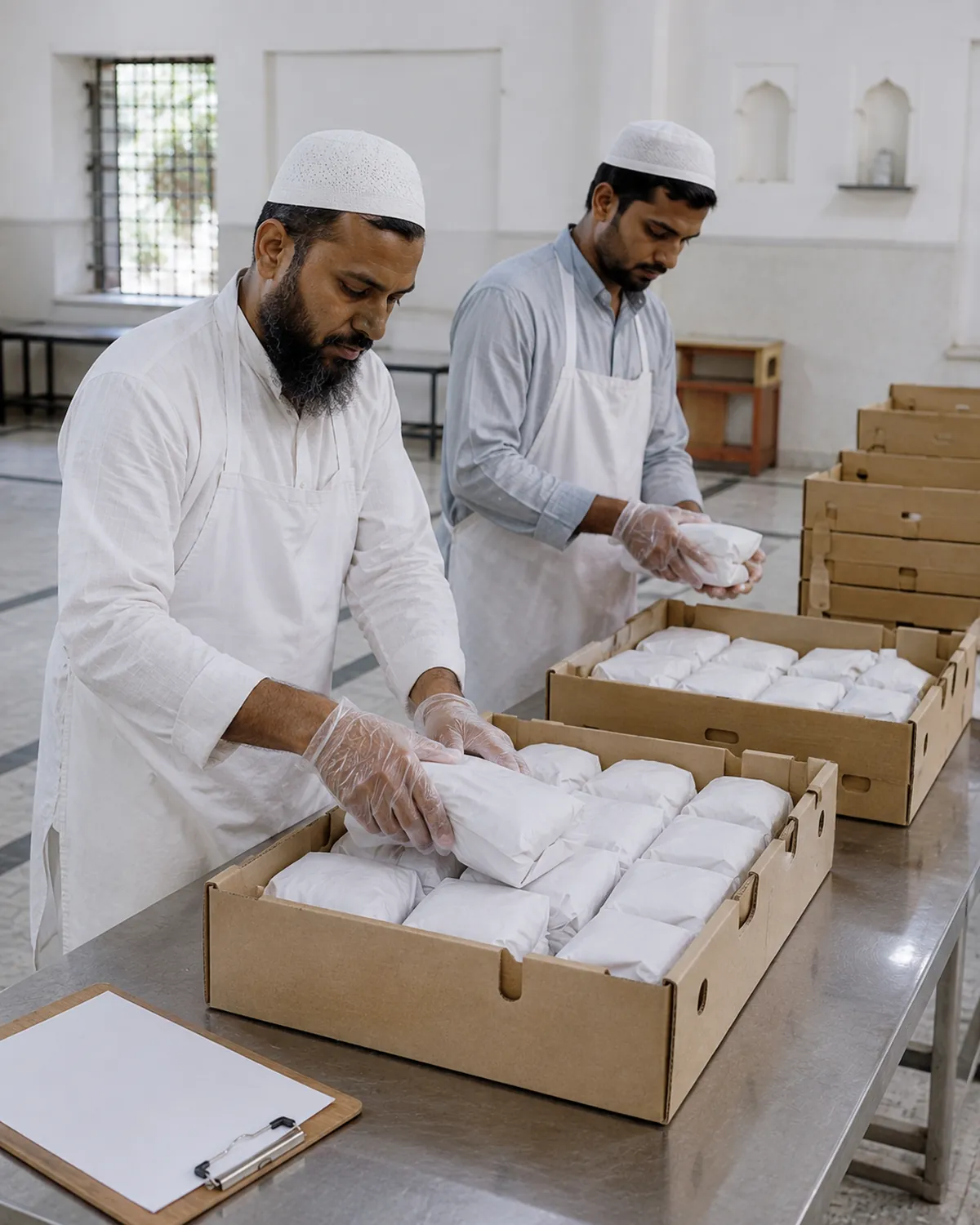 Volunteers pack wrapped Qurbani meat portions into distribution crates.