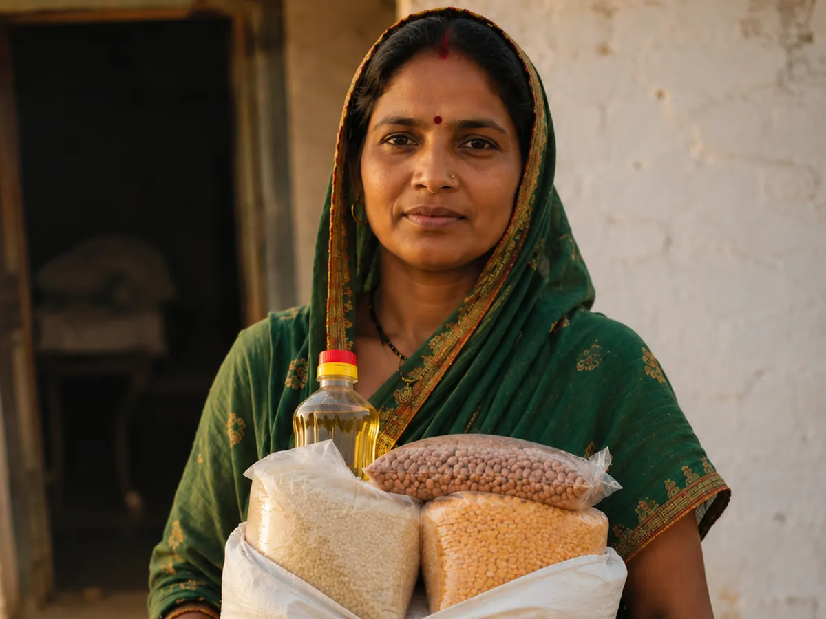 A woman in a green saree receives a ration kit of rice, dal and oil in a village courtyard.