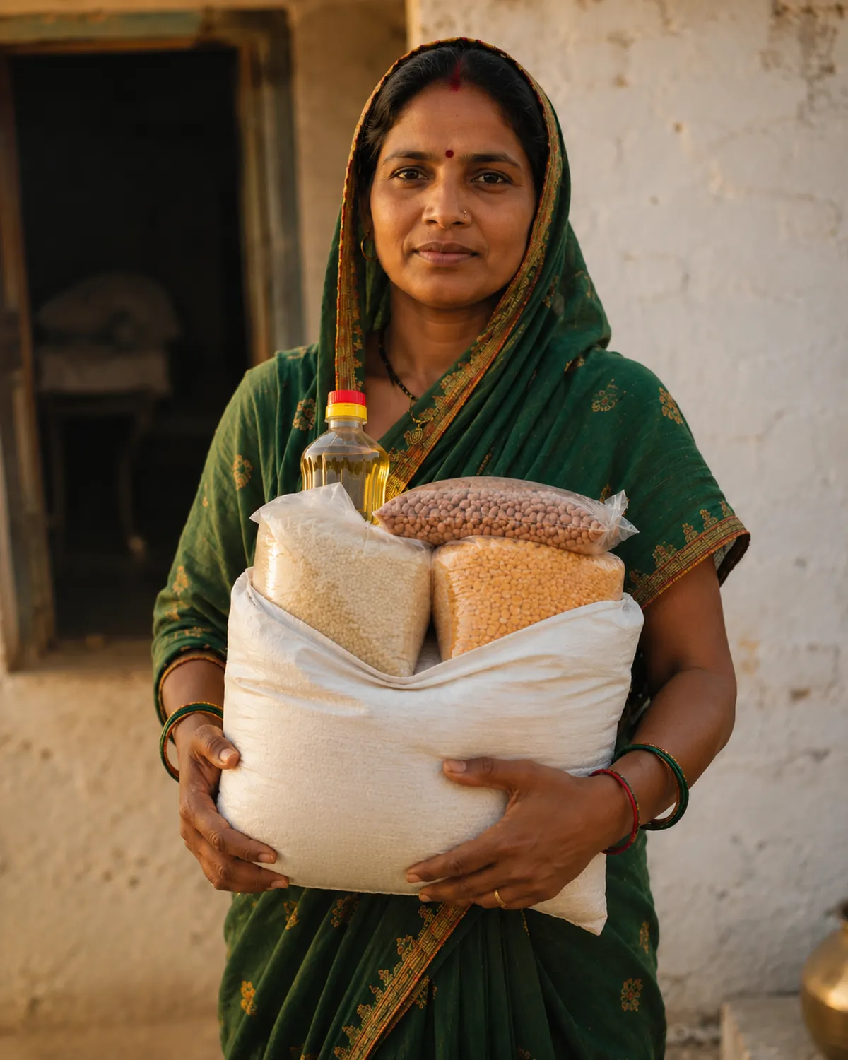A woman in a green saree receives a ration kit of rice, dal and oil in a village courtyard.