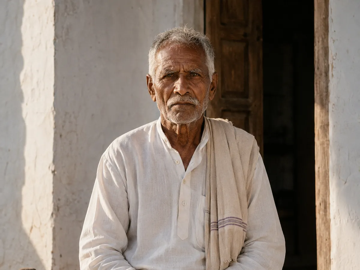 An elderly man sits on a charpai outside his home, looking at the camera.