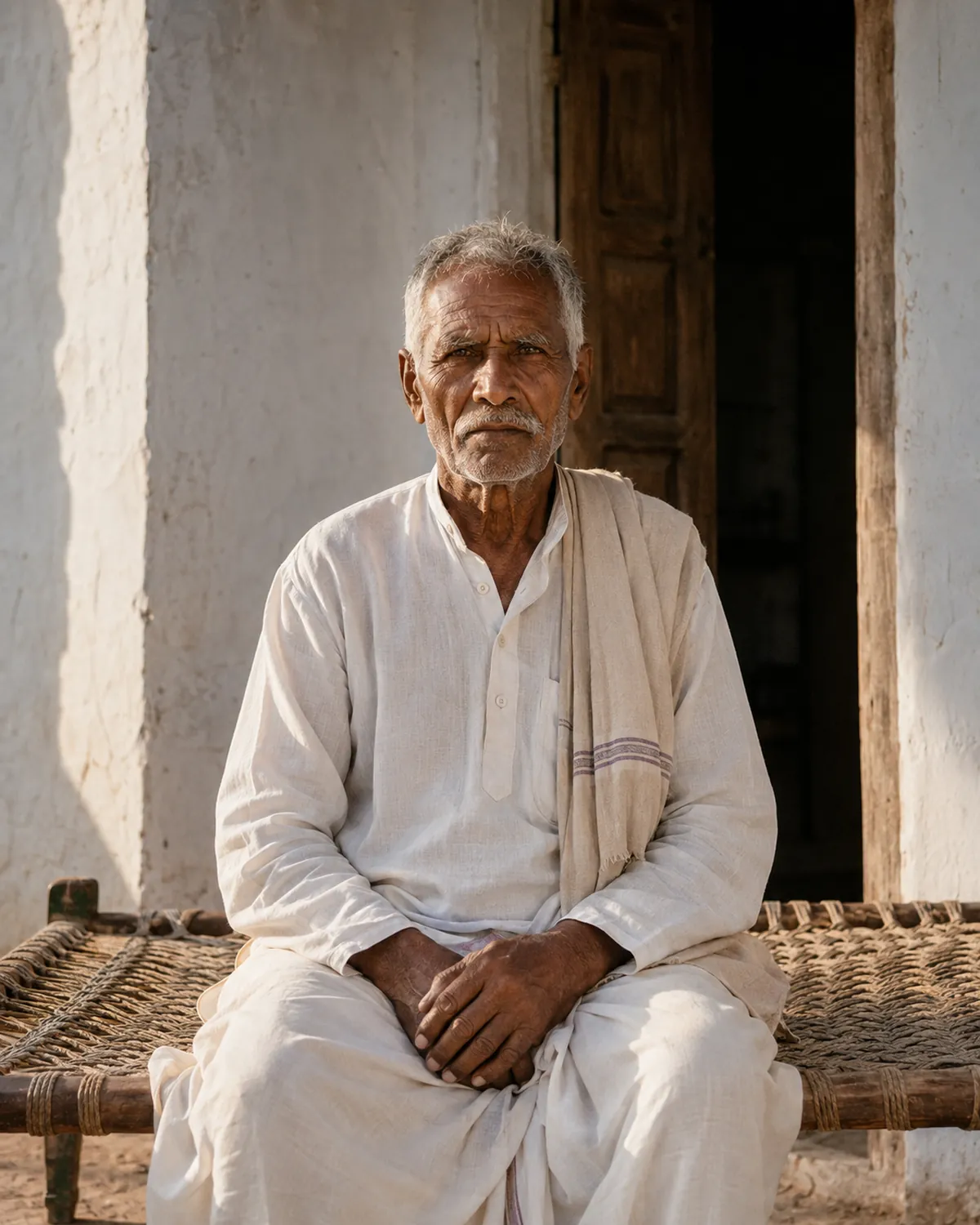 An elderly man sits on a charpai outside his home, looking at the camera.