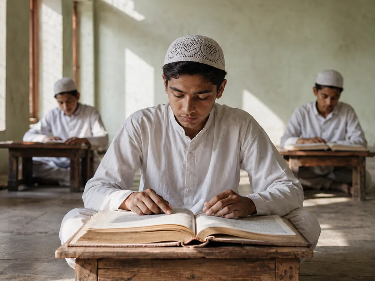 A student reads at a low desk in a madrasa study hall beneath arched windows.