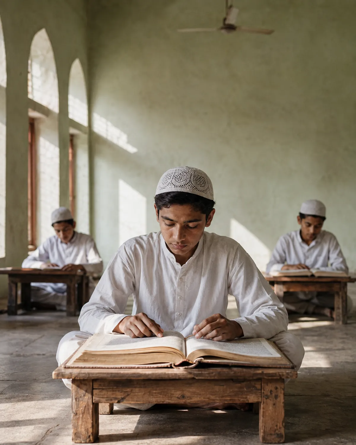 A student reads at a low desk in a madrasa study hall beneath arched windows.