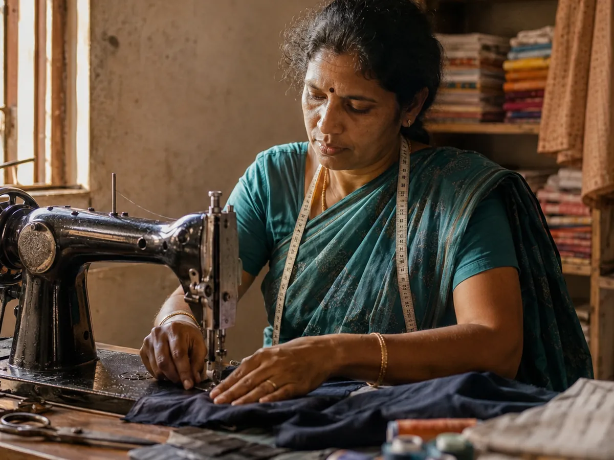A woman works a treadle sewing machine in a small tailoring workshop.