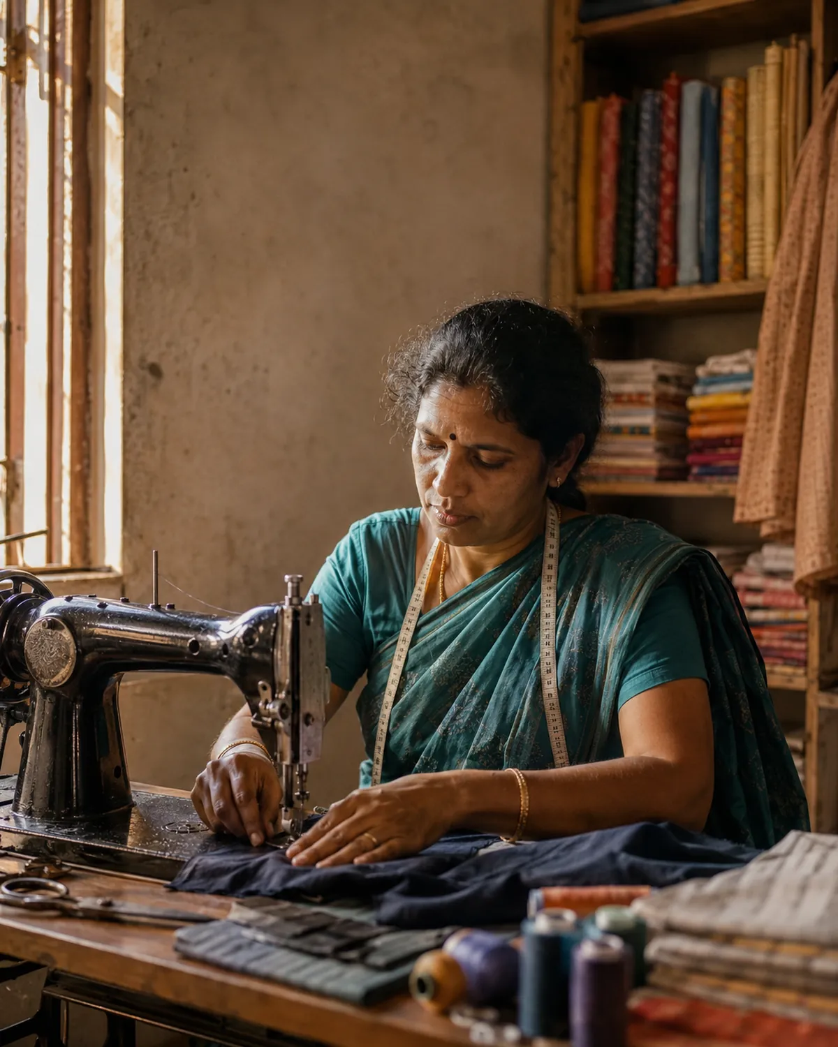 A woman works a treadle sewing machine in a small tailoring workshop.