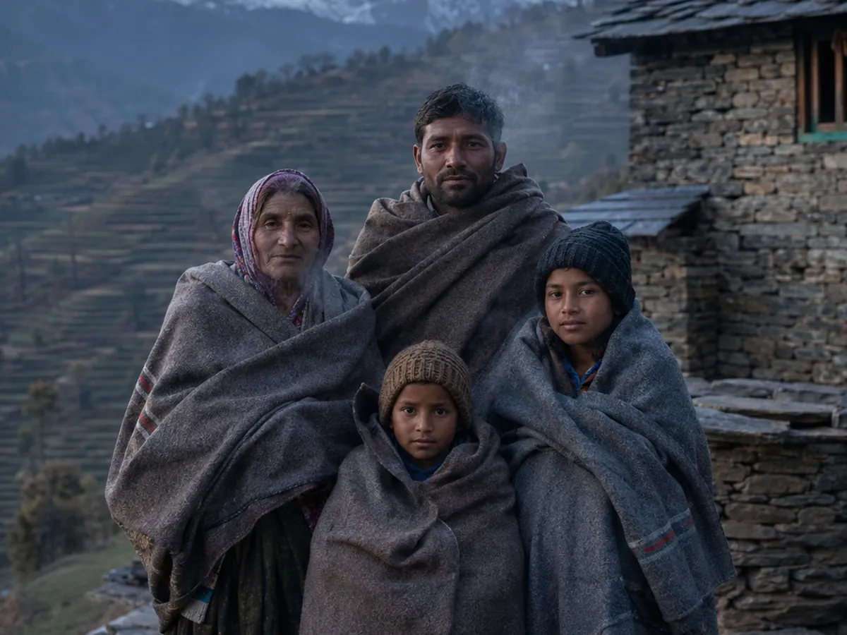 A family wrapped in woollen blankets outside a stone house in a hill village at dawn.
