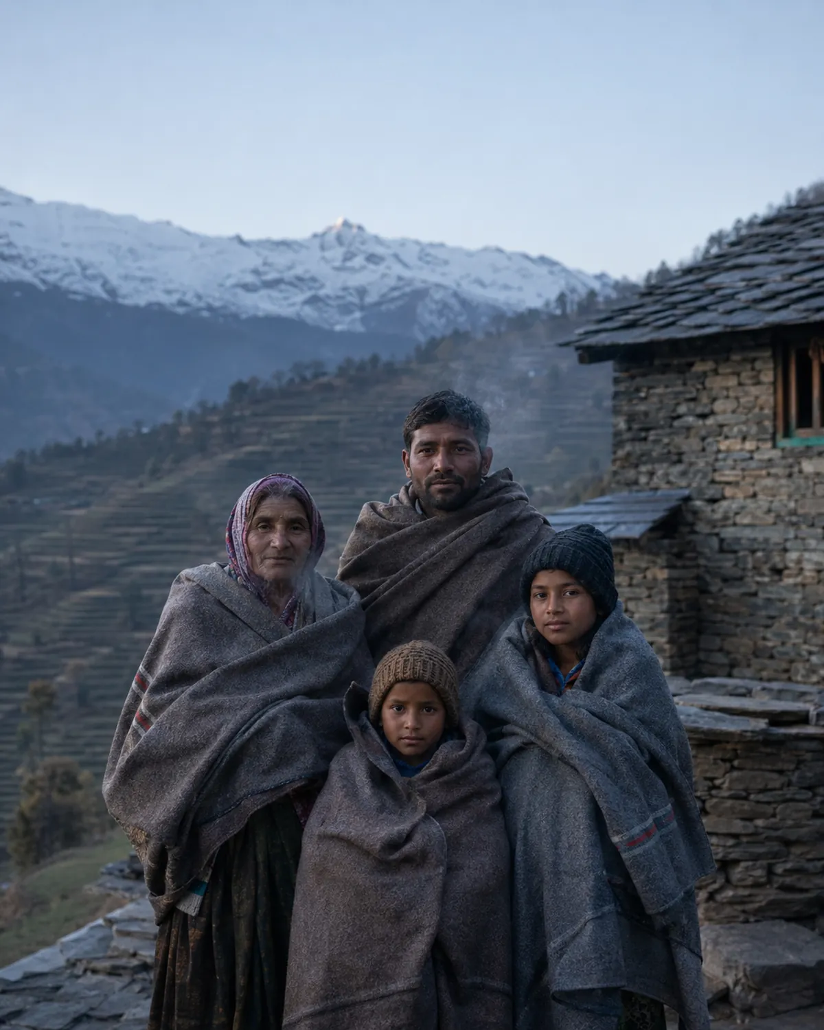 A family wrapped in woollen blankets outside a stone house in a hill village at dawn.