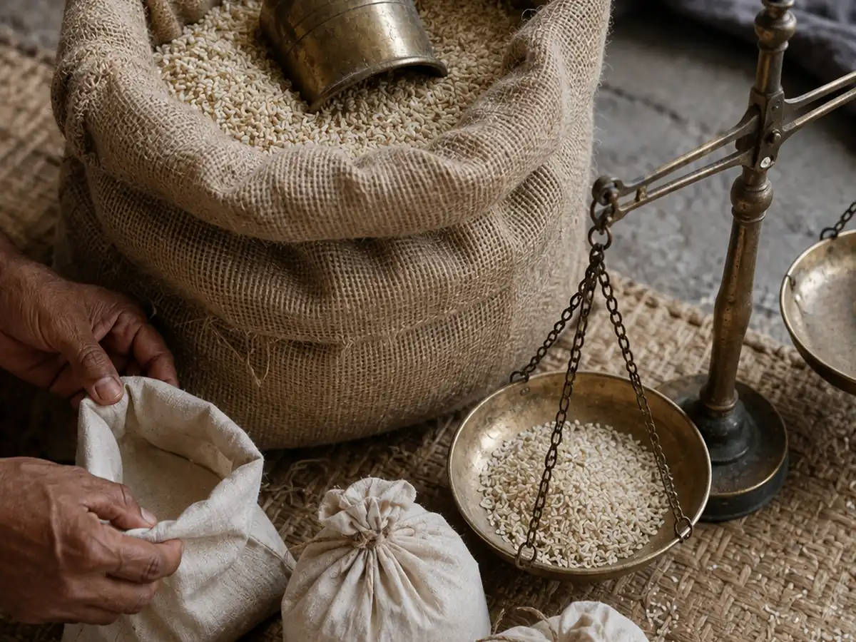 Grain is measured into cloth bags for Zakat al-Fitr distribution.