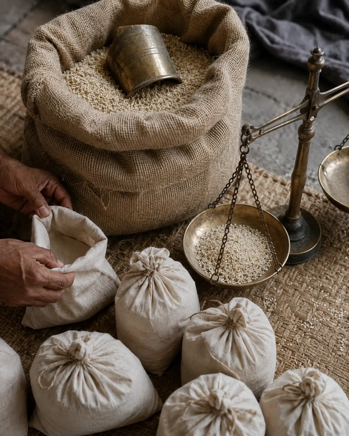 Grain is measured into cloth bags for Zakat al-Fitr distribution.