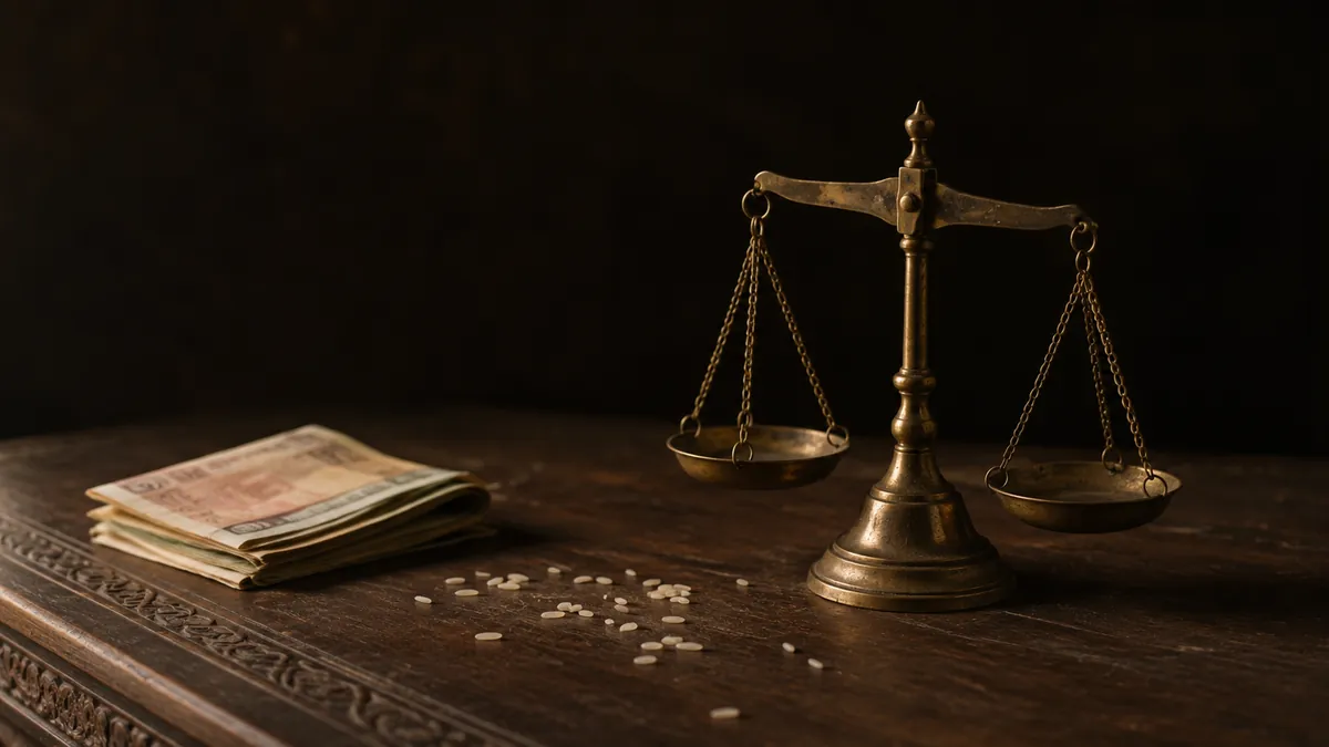 A brass scale beside folded rupee notes on a wooden table.