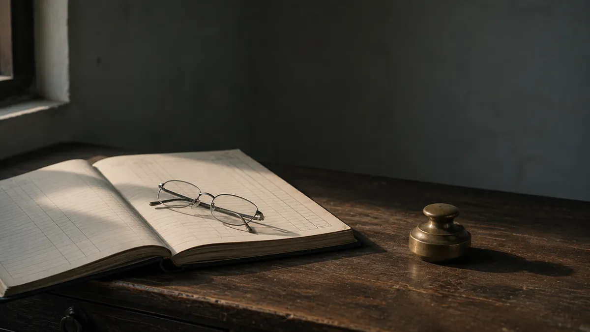 A ledger, pen and spectacles on a desk in morning light.