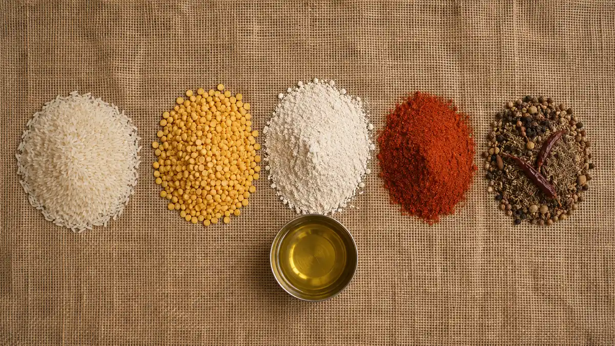 Rice, dal, flour, oil and spices arranged on jute sacking.
