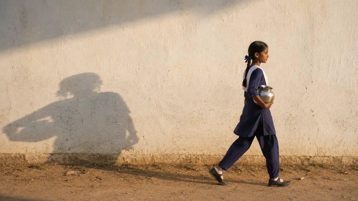 A girl carries a steel water pot past a school wall.