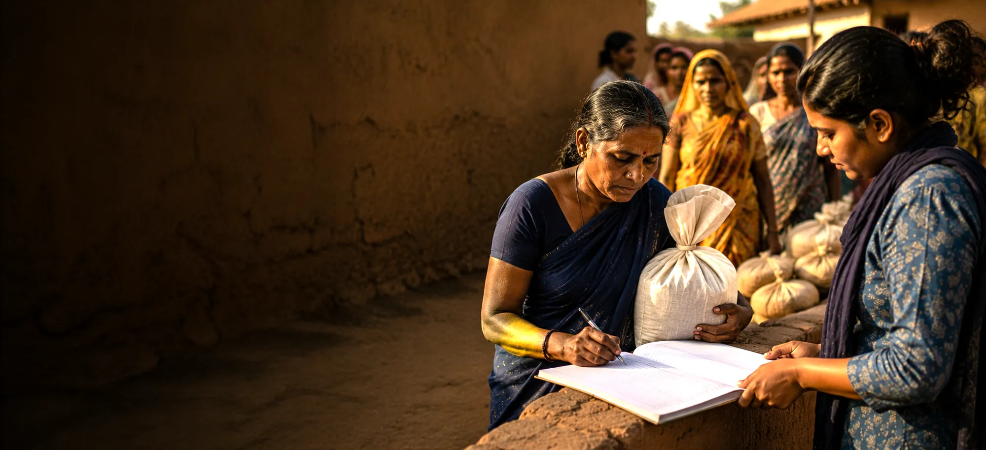 A woman signs for a ration bundle at a village distribution while a volunteer holds the register open.