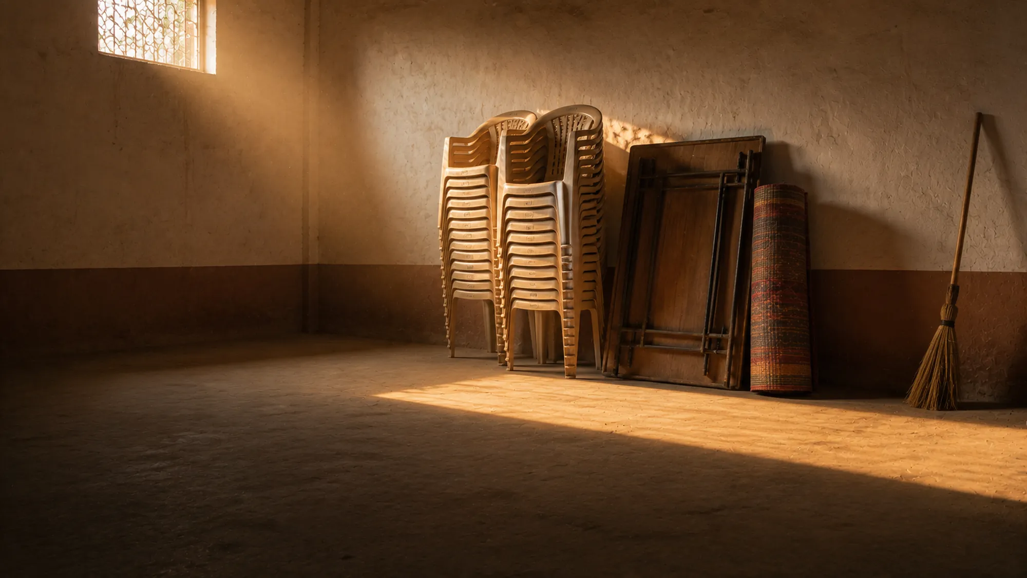 Stacked plastic chairs and folded trestle tables in an empty community hall after an event, late light.