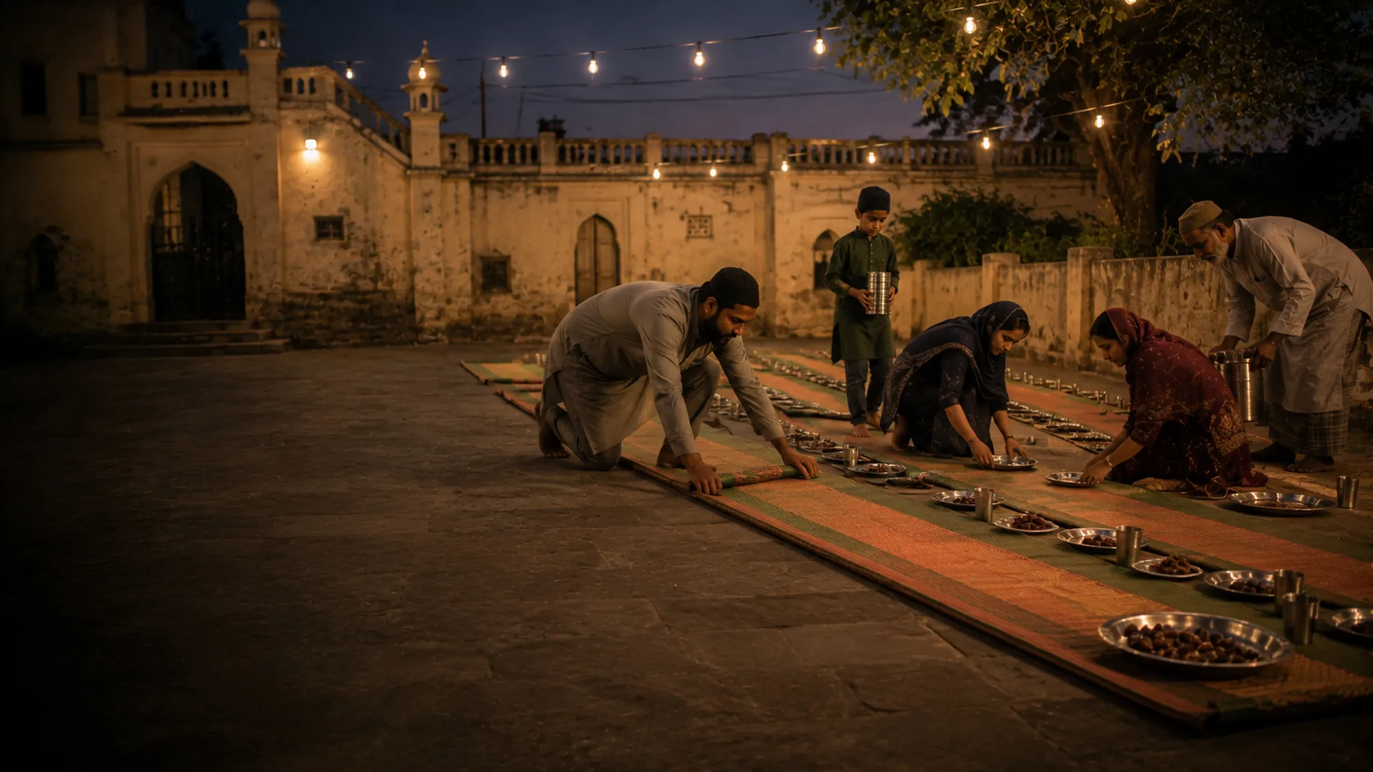 Neighbours setting out mats and steel plates in a courtyard before a community iftar at dusk.