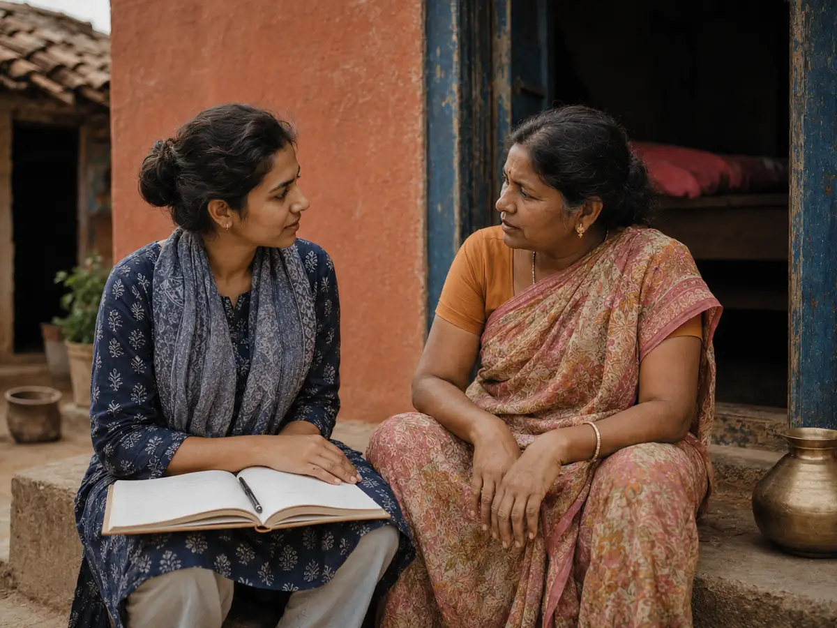 A Mercy Outreach field worker sits with a woman on the step outside her home, an open notebook on her lap, listening as she describes her circumstances.