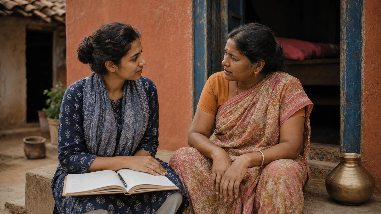A Mercy Outreach field worker sits with a woman on the step outside her home, an open notebook on her lap, listening as she describes her circumstances.