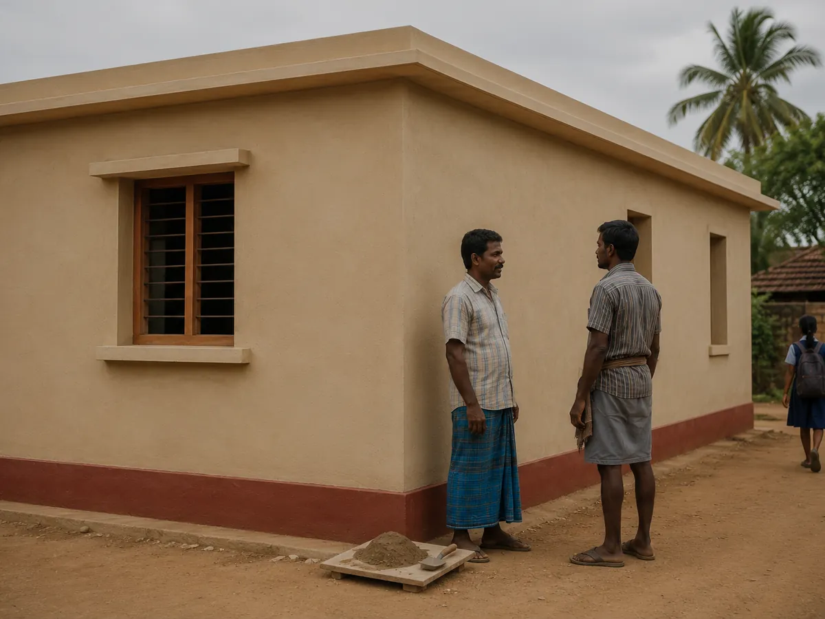 Two masons stand talking beside a newly completed single-storey community building, its plaster and roofline freshly finished.