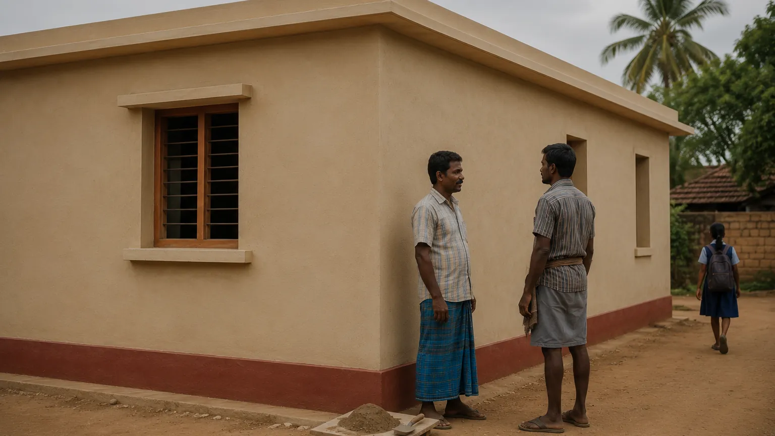 Two masons stand talking beside a newly completed single-storey community building, its plaster and roofline freshly finished, a mortar board and trowel resting on the ground beside them.