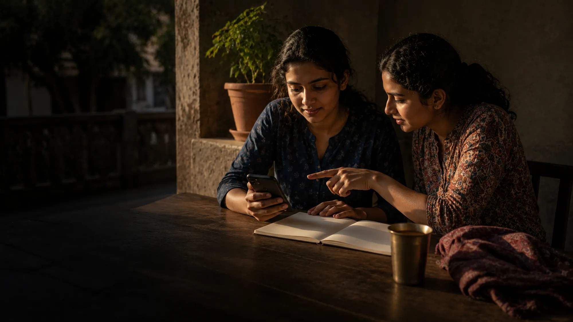 Two friends plan a fundraiser together at a table on a shaded veranda, one holding a phone and a notebook.