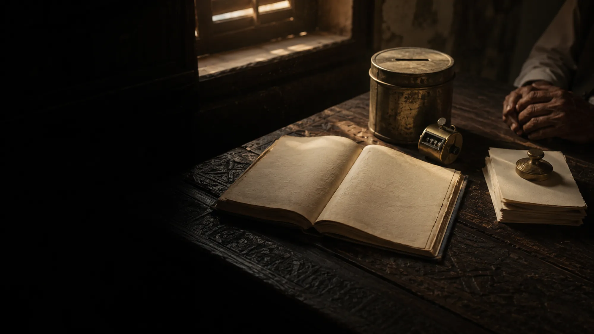 An open ledger, a tin collection box and a brass counter on a wooden table in warm side light.