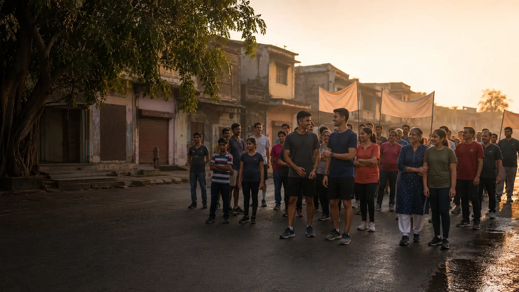 Neighbours of all ages gather in the street at first light for a community charity walk.