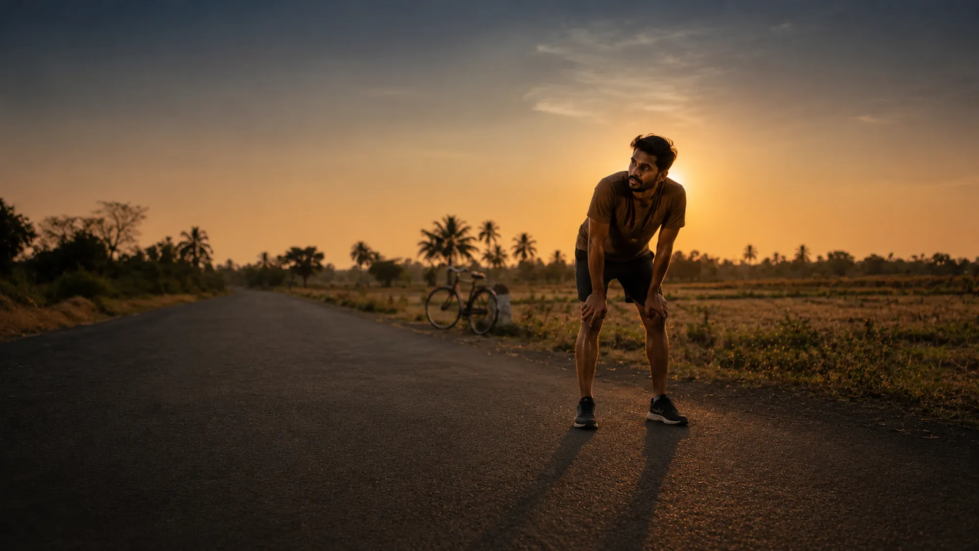 A runner catches his breath at the end of a long solo run on a rural road at golden hour.