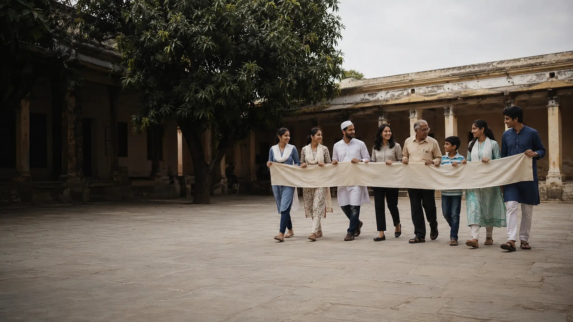 Colleagues, neighbours and family walk abreast across a courtyard carrying a shared banner between them.